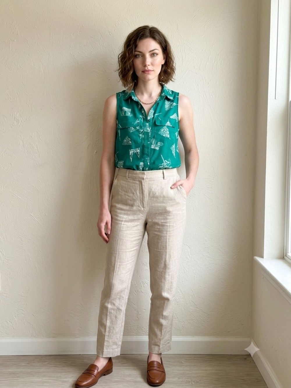 Sleeveless Teal Printed Blouse